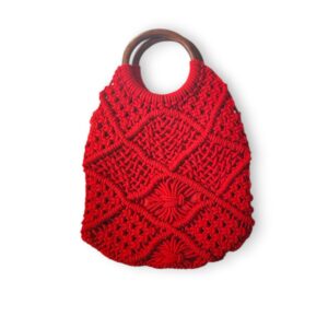 Macrame-RingHandle-RedColor-Main Handmade Macrame Handbag with Wooden Ring Handle and Zipper, Red Color