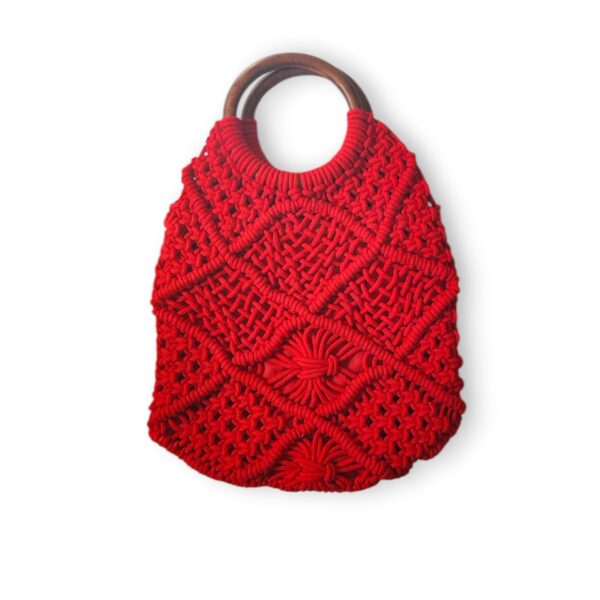 Handmade Macrame Handbag with Wooden Ring Handle and Zipper, Red Color