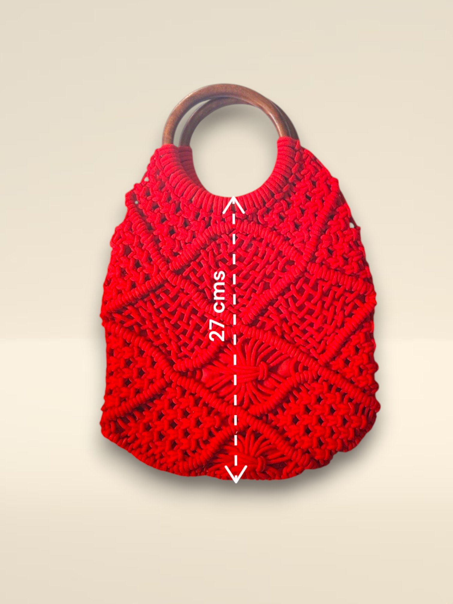 Handmade Macrame Handbag with Wooden Ring Handle and Zipper, Red Color - Image 2