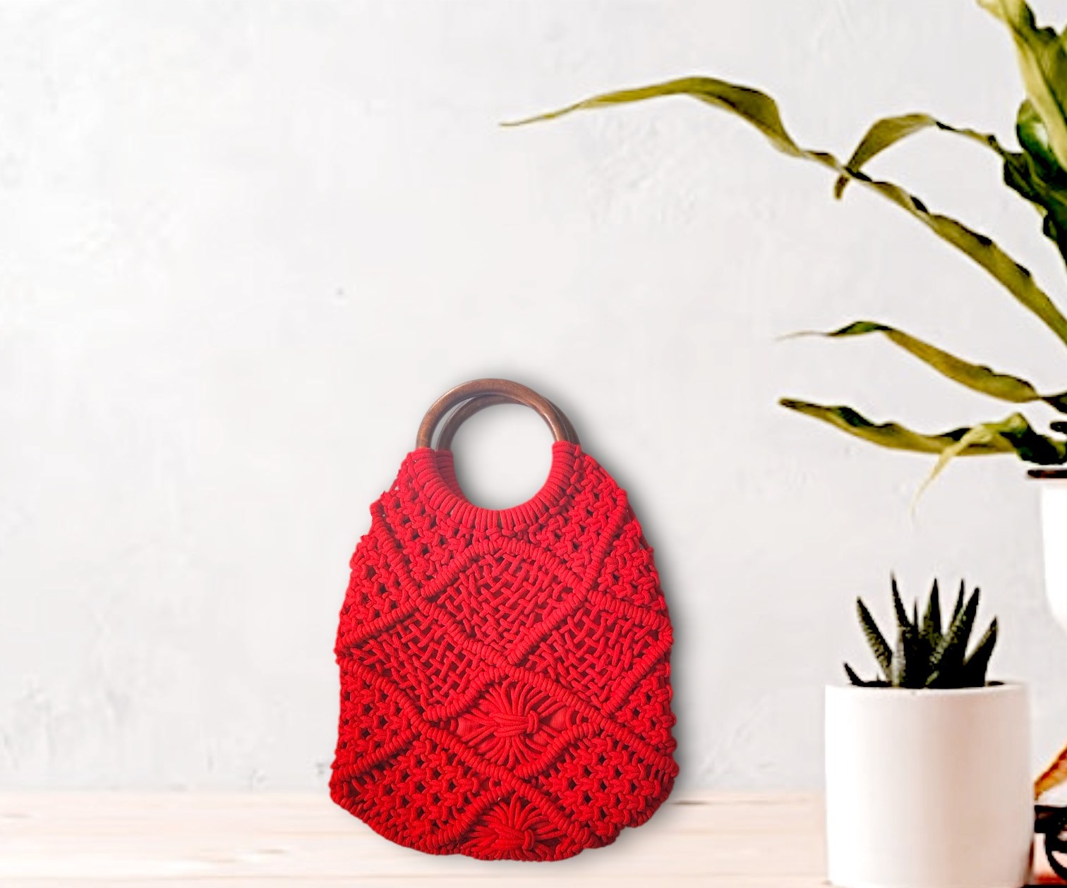 Handmade Macrame Handbag with Wooden Ring Handle and Zipper, Red Color - Image 4