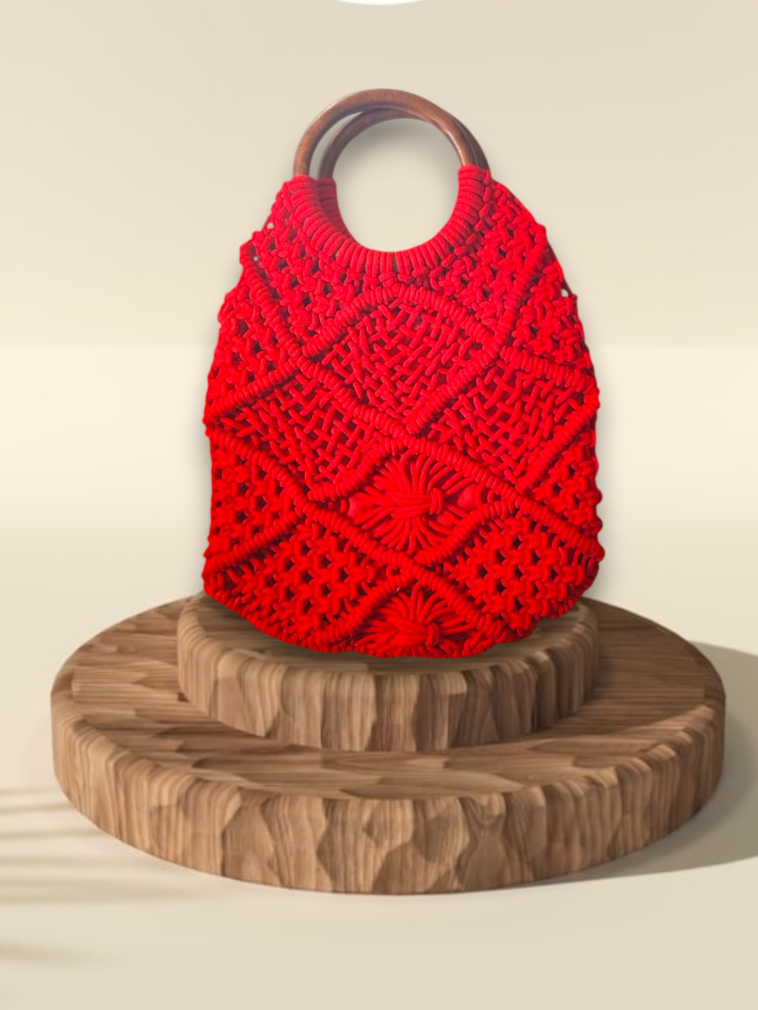 Handmade Macrame Handbag with Wooden Ring Handle and Zipper, Red Color - Image 3