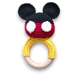 Handmade Crochet MouseToy for Babies with Wooden Ring