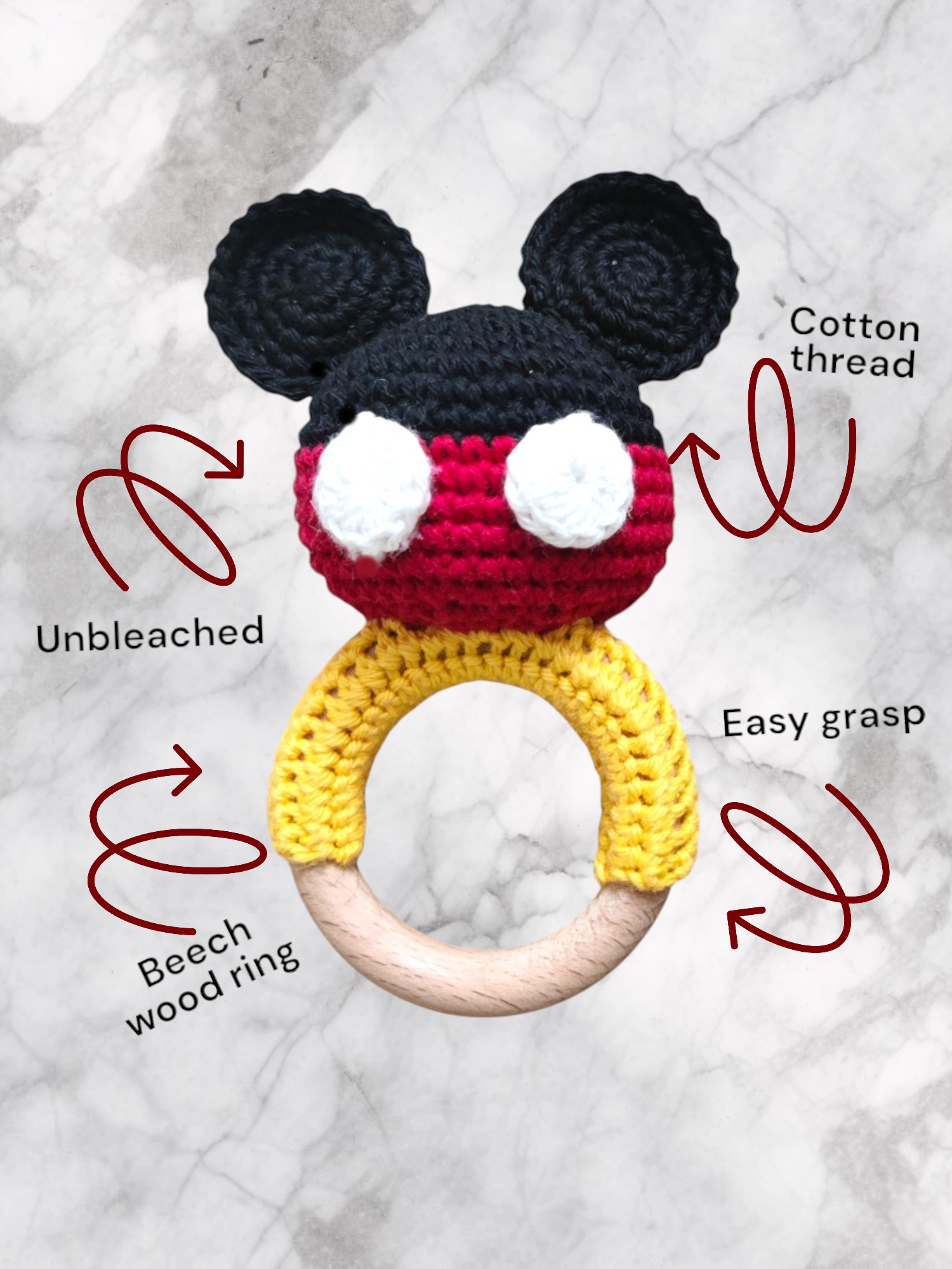 Handmade Crochet MouseToy for Babies with Wooden Ring - Image 3