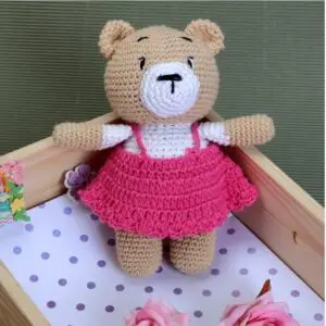 Handmade Crochet Teddy Bear Plush, Pink Dress, Amigurumi Stuffed Animal Toy for Kids