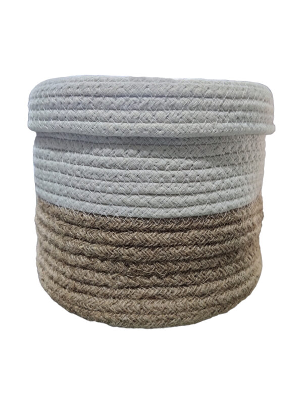 Rope-Jute-basket-main Handmade, Two Tone, Cotton Rope and Jute Storage Basket with Lid (Big Basket)