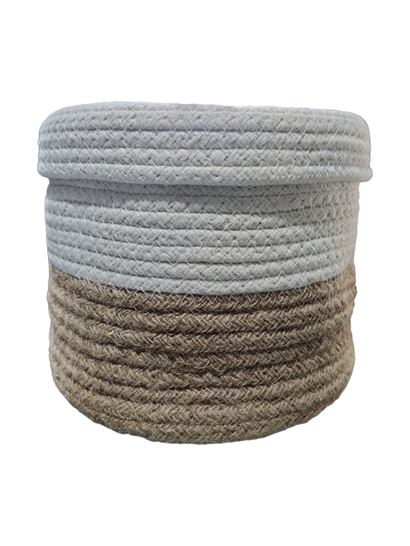 Handmade, Two Tone, Cotton Rope and Jute Storage Basket with Lid (Big Basket)
