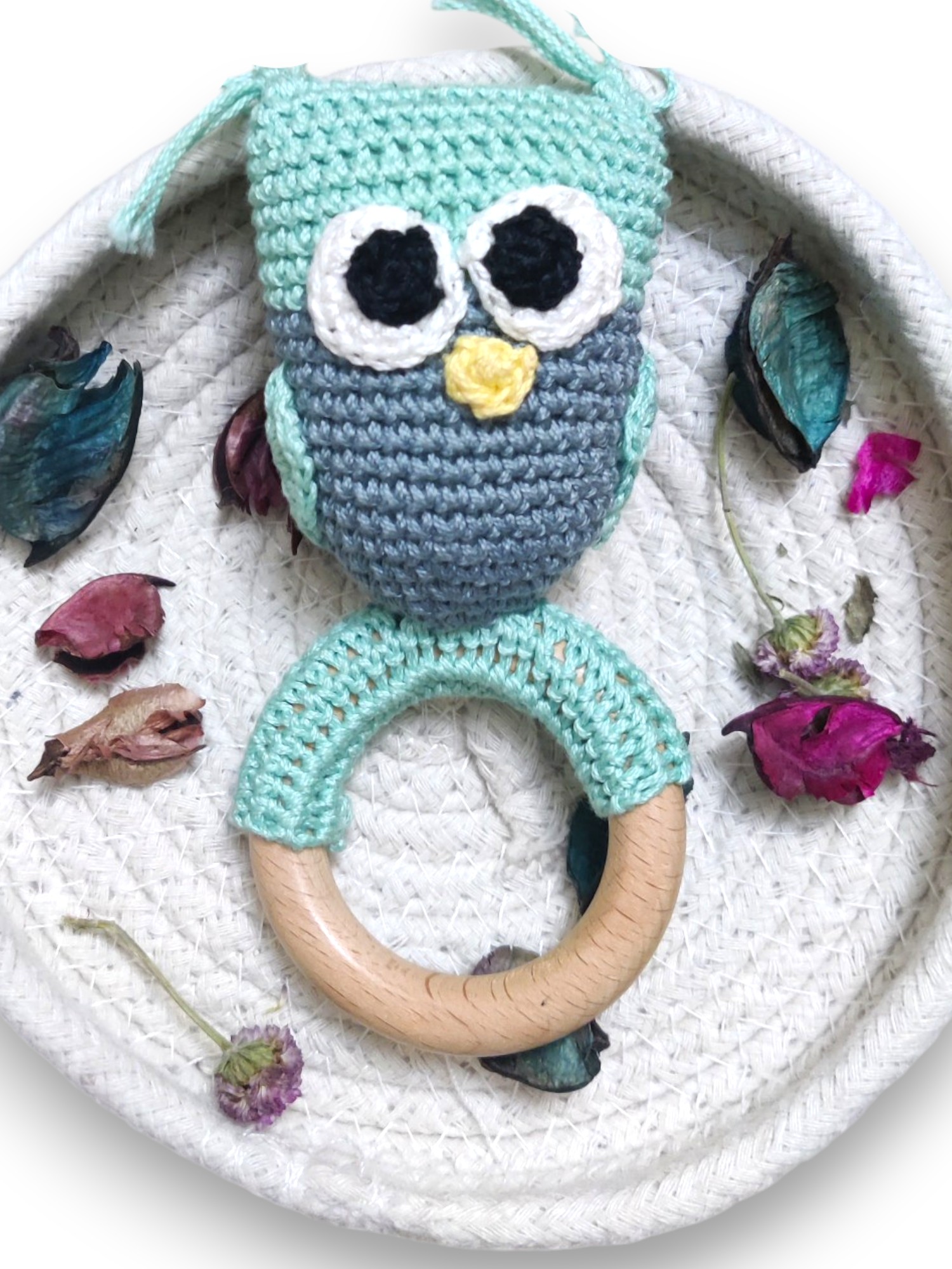 Handmade Crochet Owl Toy for Babies with Ring - Image 3