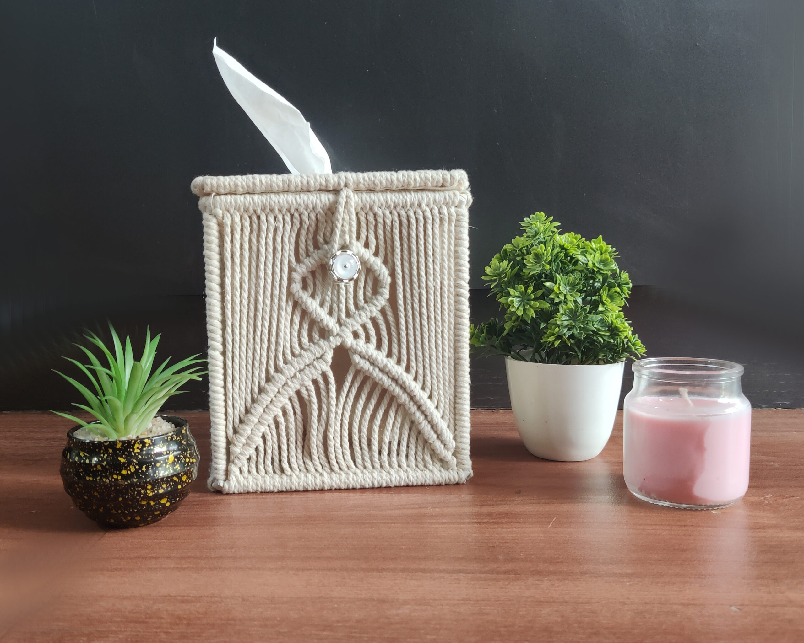 Macrame, Handmade Tissue Holder, White Color, with Free Tissue Box Inside - Image 2