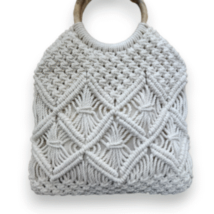 White-Macrame-Ring-Main Handmade Macrame Bag with Ring, Bag for Women - White Color, Wooden Ring Handle