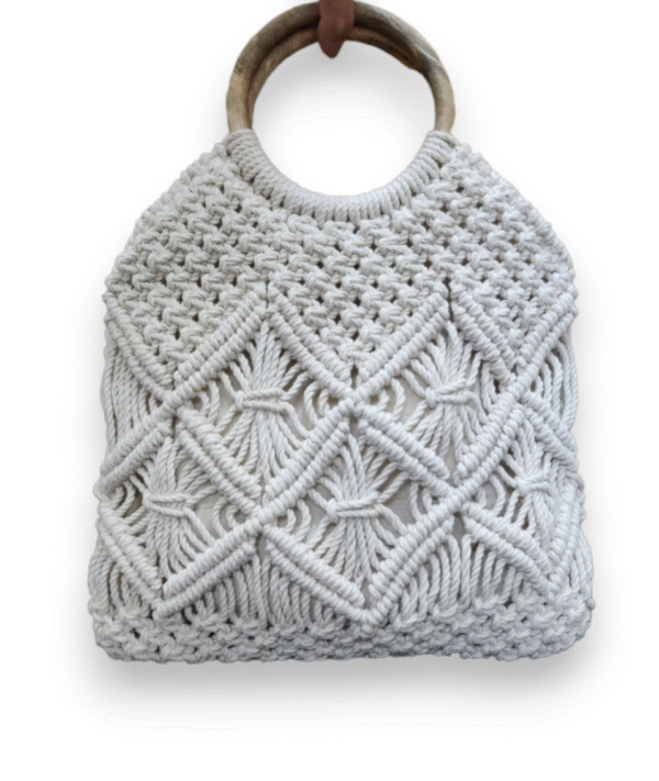 White-Macrame-Ring-Main Handmade Macrame Bag with Ring, Bag for Women - White Color, Wooden Ring Handle