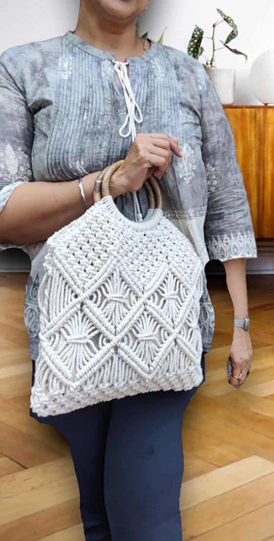 Handmade Macrame Bag with Ring, Bag for Women - White Color, Wooden Ring Handle - Image 2
