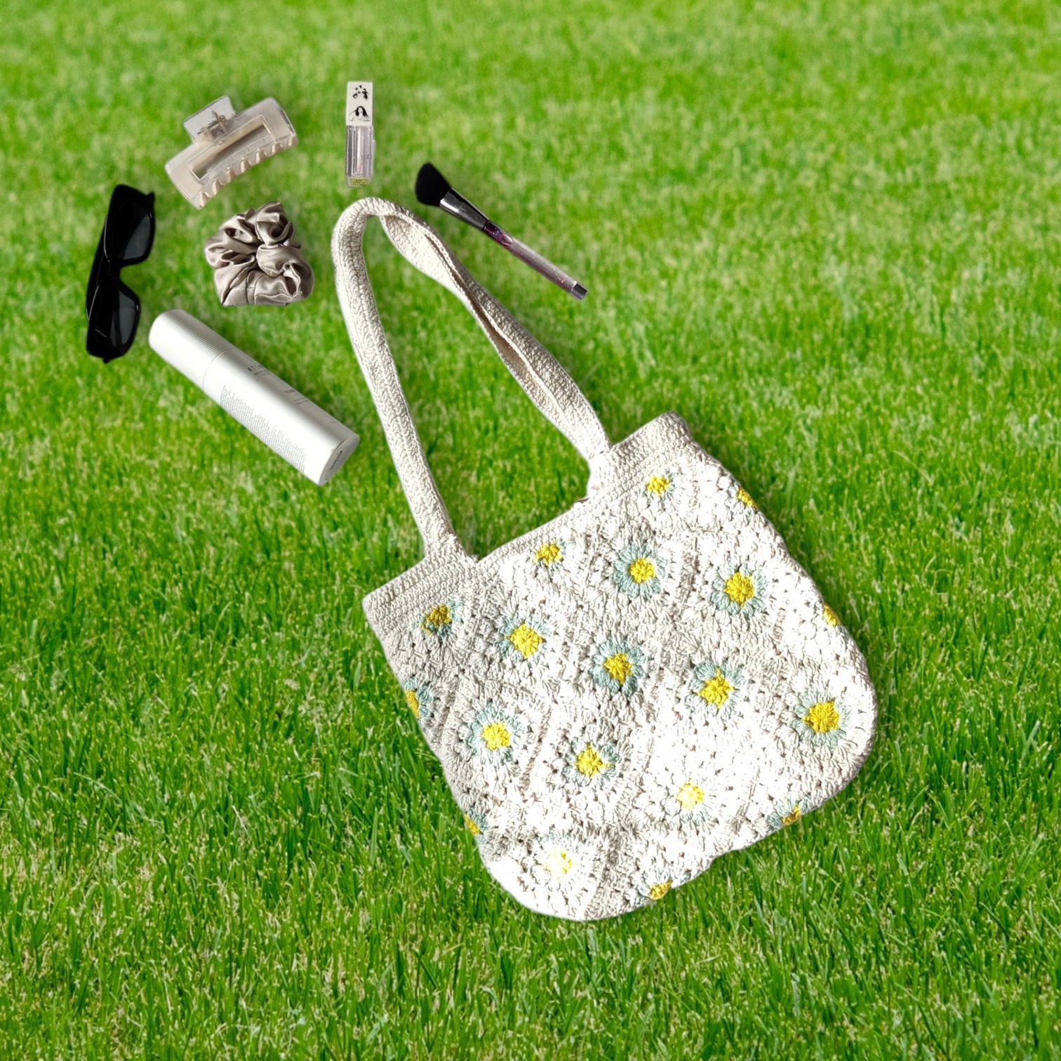 Handmade Crochet Sunflower Design, Granny Bag with Zipper - Image 3